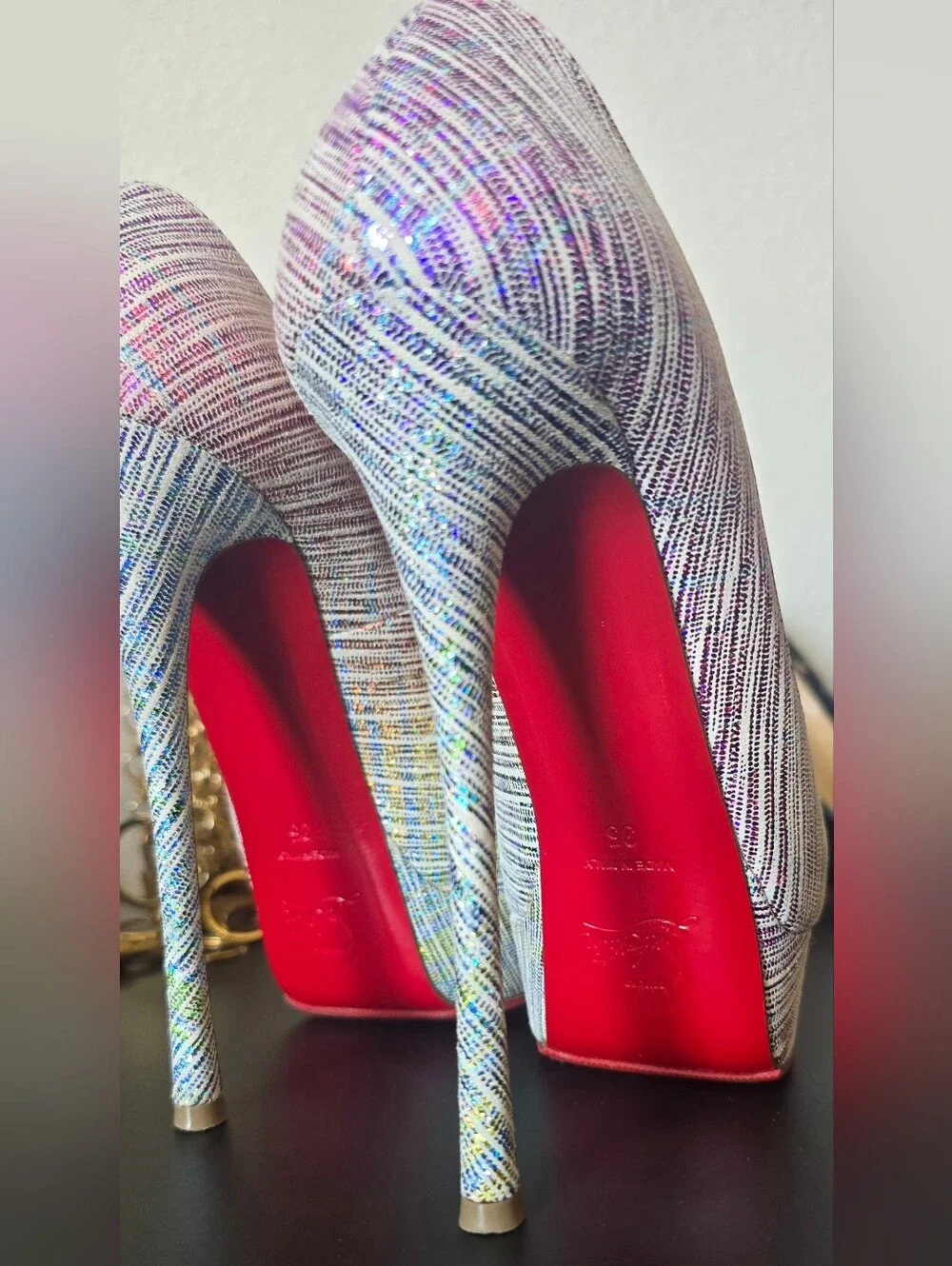 Christian Louboutin Laminated Suede Multicolor Peep-Toe Platform Pumps Sz 35
